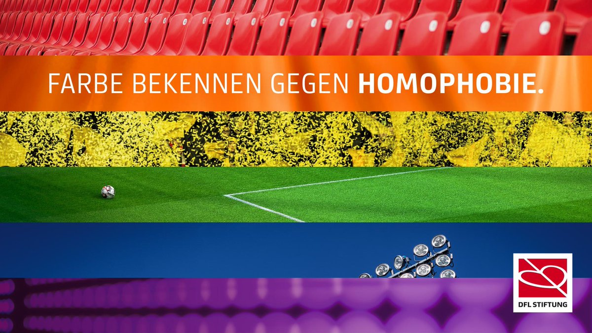 "Farbenfrohes Bild mit Fußballfeld und Regenbogenfarben, das die Unterstützung der DFL Stiftung für Vielfalt und gegen Homophobie symbolisiert."