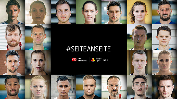 Collage aus Porträtfotos von Fußballspielern und -spielerinnen, die die Vielfalt der Unterstützer der DFL Stiftung repräsentiert. Im Zentrum steht der Hashtag #SEITEANSEITE und das Logo der DFL Stiftung sowie der Deutsche Sporthilfe.