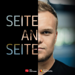 Niko Kappel, Kugelstoßer, im Porträt. Links im Bild steht in Großbuchstaben "Seite an Seite". Im unteren Bereich sind die Logos der DFL Stiftung und Deutsche Sporthilfe zu sehen.