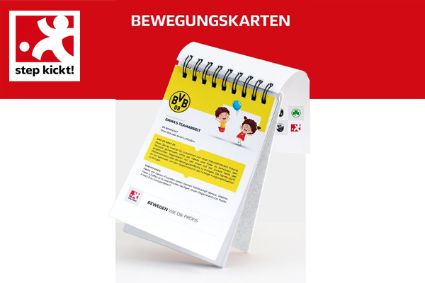 Bewegungskarten mit dem Logo von Borussia Dortmund und dem Slogan "Bewegen wie die Profis". Darauf abgebildet sind spielende Kinder.