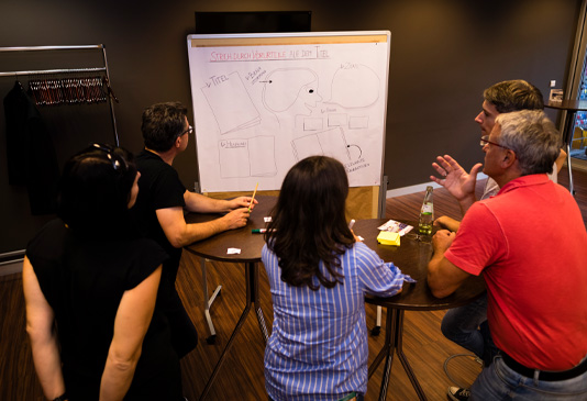 Eine Gruppe von vier Personen sitzt um einen kleinen Tisch und diskutiert. Vor ihnen steht ein Whiteboard mit handschriftlichen Notizen und Pfeilen, die scheinbar ein Konzept oder eine Strategie darstellen. Die Teilnehmer sind in angeregte Gespräche vertieft und gestikulieren.