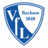 Logo VfL Bochum Fußballfeld mit Spiellinien im Fokus, Tribünen im Hintergrund, Blickwinkel vor einem Bundesliga-Spiel zwischen 1. FSV Mainz 05 und RB Leipzig.