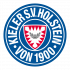 Logo Holstein Kiel Zwei stilisierte Sprechblasen, die ein rotes Symbol mit einem Fußballmuster beinhalten.