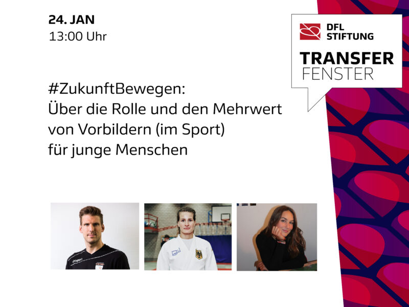 Grafik zur DFL Stiftung mit dem Titel "#ZukunftBewegen: Über die Rolle und den Mehrwert von Vorbildern (im Sport) für junge Menschen". Im Hintergrund drei Porträtaufnahmen von jungen Menschen, die Fußballtrikots tragen. Im oberen Bereich das Datum "24. JAN 13:00 UHR" und das Logo der DFL Stiftung.
